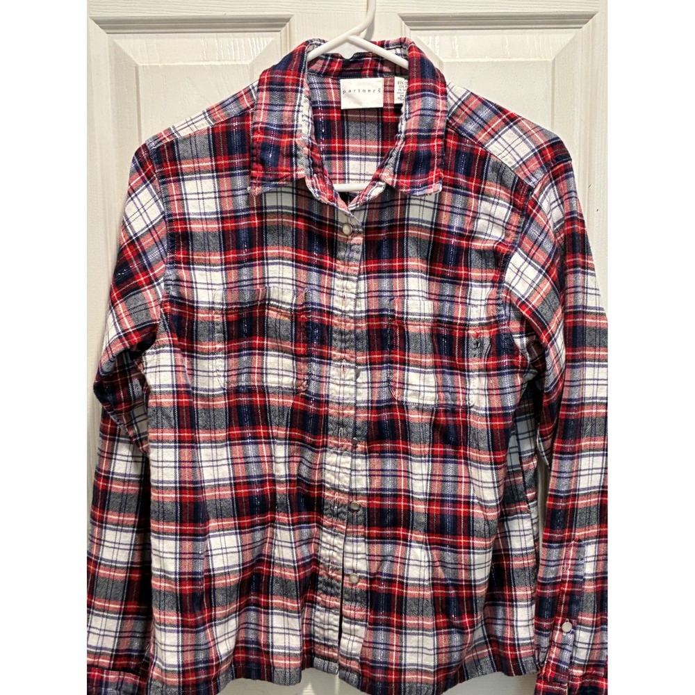 Partners Womens Red White Blue Plaid Metallic Button Down Shirt XL Long Sleeve